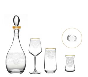 MCS 5303 Altın 49 Parça 12 Kişilik Dantel Desenli Cam Bardak Seti