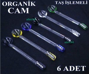 Farklı renklerde krisal taş işleme Cam Çay Kaşığı takımı 6 adet el işçiliği ile camdan üretilmiştir