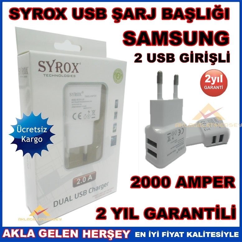 KARGO DAHİL SYROX 2000A SAMSUNG 2 USB GİRİŞLİ ŞARJ ADAPTÖRÜ