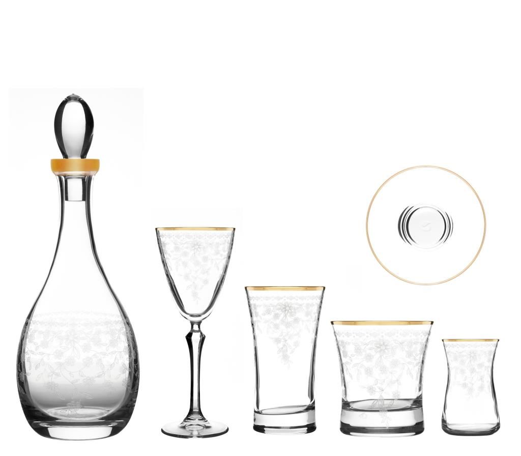 MCS5305 Altın 31 Parça 6'lı Kır Çiçeği Desenli Cam Bardak Seti