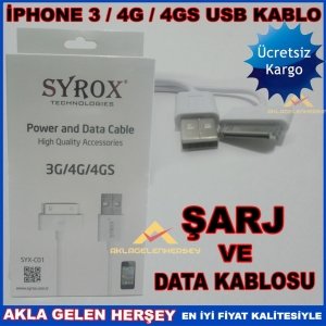KARGO DAHİL SYROX İPHONE 4 3G 4G 4GS ŞARJ VE DATA KABLOSU
