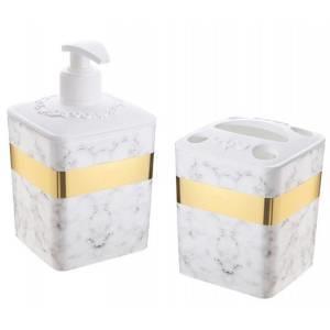 Altın Yaldız Bordürlü Beyaz Mermer Desenli Banyo Seti Sıvı Sabunluk,Diş Fırçalık 2li Şık Plastik Set