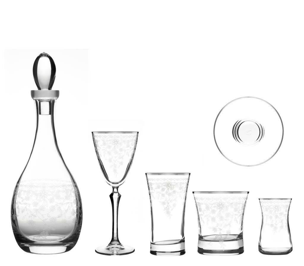 MCS5305 Platin 31 Parça 6'lı Kır Çiçeği Desenli Cam Bardak Seti