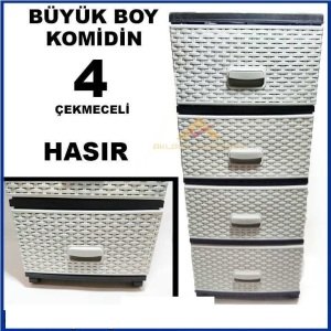 Bej-Gri Renk Tonlarında Büyük boy 4 Çekmeceli Hasır Desenli Komidin, Raddan Görünümlü Plastik Komidin