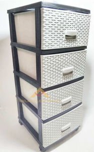 Bej-Gri Renk Tonlarında Büyük boy 4 Çekmeceli Hasır Desenli Komidin, Raddan Görünümlü Plastik Komidin