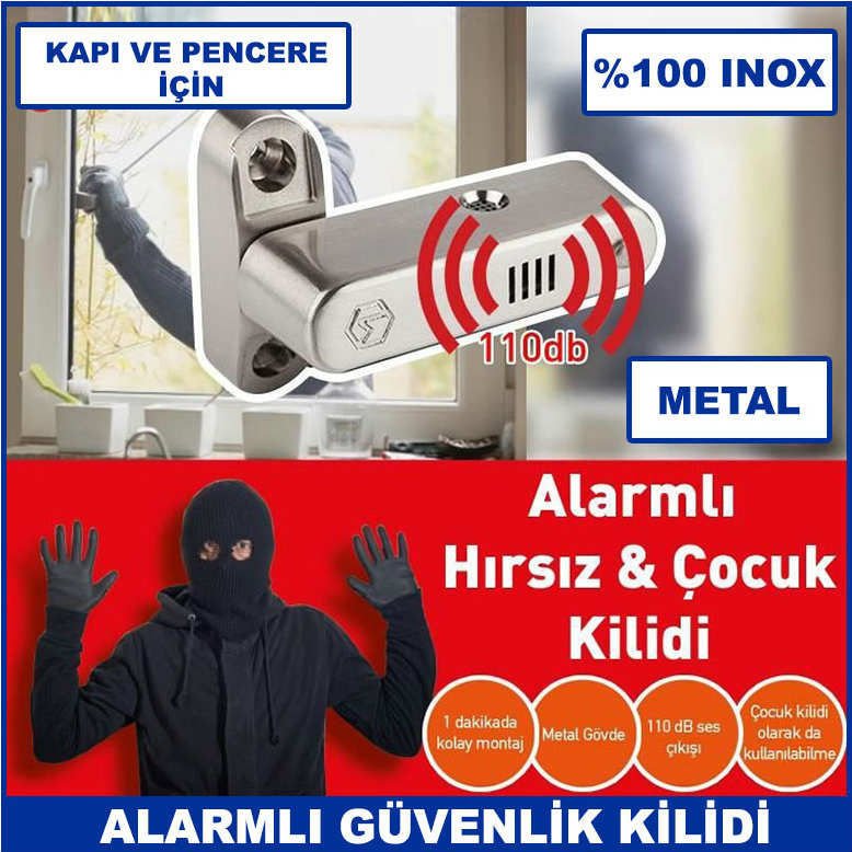 Kapı ve Pencere İçin Alarmlı Metal Çocuk ve Güvenlik Kilidi İnox 110 db ses 1. Kalite Çelik Gövde