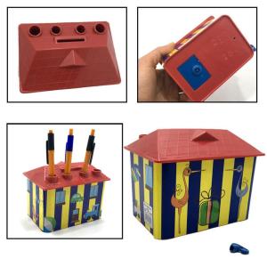 Sarı Lacivert Ev Şekilli Kalemlikli Kilitli Plastik Çocuk Kumbarası