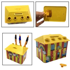 Sarı Kırmızı Ev Şekilli Kalemlikli Kilitli Plastik Çocuk Kumbarası