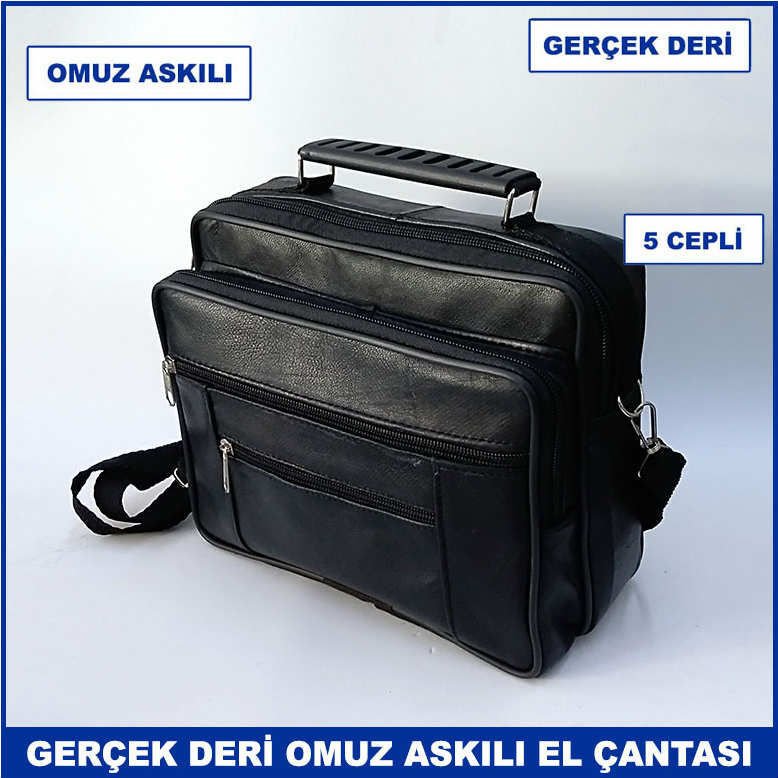 Hakiki Deriden Üretilmiş Omuz Askılı 5 Cepli Büyük Boy Erkek El Çantası - Yatay Model