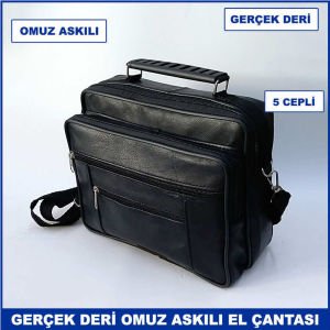 Hakiki Deriden Üretilmiş Omuz Askılı 5 Cepli Büyük Boy Erkek El Çantası - Yatay Model