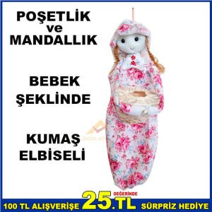KUMAŞ ELBİSELİ BEBEK MODEL POŞETLİK VE MANDALLIK