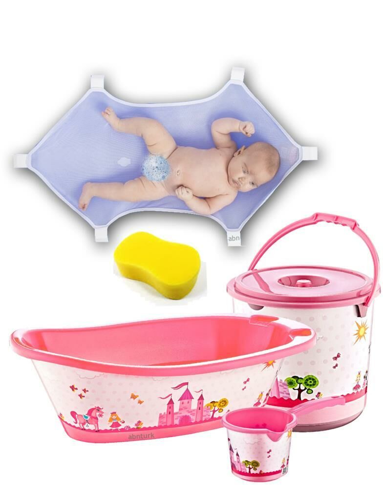 Pembe Prenses Desen 7 Parça Bebek Yıkama Banyo Küvet Seti Kova Maşrapa Küvet Filesi Köpürtme Süngeri