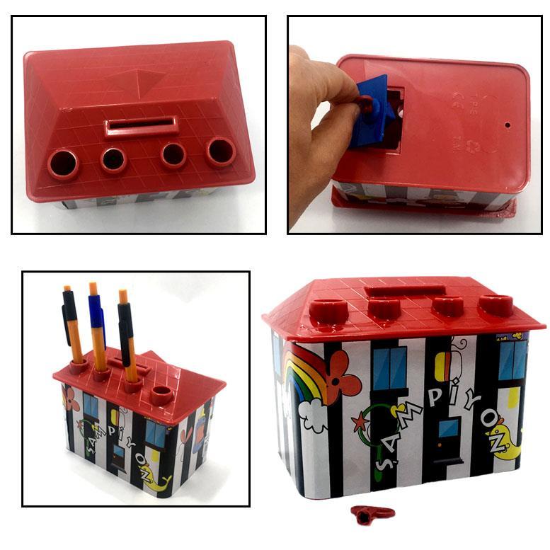 Siyah Beyaz Ev Şekilli Kalemlikli Kilitli Plastik Çocuk Kumbarası