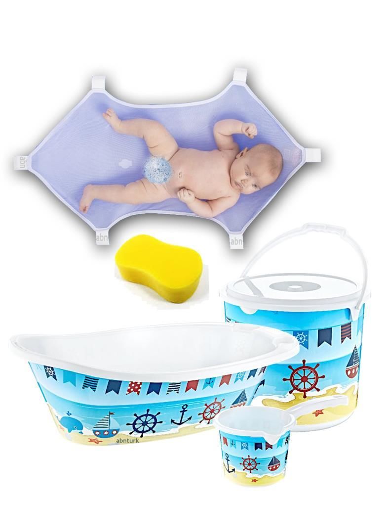 Mavi Gemici Desen 7 Parça Bebek Yıkama Banyo Küvet Seti Kova Maşrapa Küvet Filesi Köpürtme Süngeri
