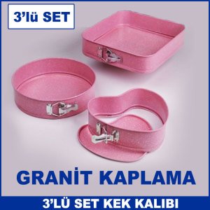 Yuvarlak, Kalp, Kare Şekilli 3'lü Kelepçeli Granit Kek Kalıbı Seti - Kelepçeli Kek Kalıpları