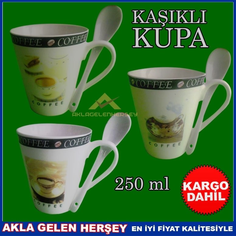 Ücretsiz kargo KAHVE DESENLİ KAŞIKLI PORSELEN KUPA 250 ml