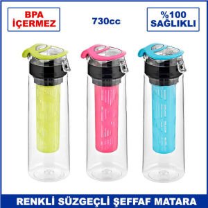 730cc Renkli Süzgeçli Şeffaf Detoks Matara - Süzgeçli Su Şişesi - Kamp Matarası - Renga Su Şişesi