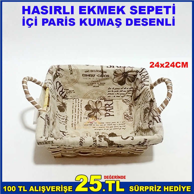 HASIR EKMEK SEPETİ İÇİ PARİS DESENİ KUMAŞ İLE KAPLI 24 x 24 CM BOYUTUNDA