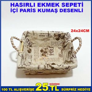 HASIR EKMEK SEPETİ İÇİ PARİS DESENİ KUMAŞ İLE KAPLI 24 x 24 CM BOYUTUNDA