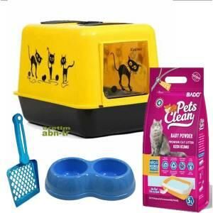 Büyük filtreli Kapalı kedi kumluğu tuvaleti 5 Litre KUM, 2 Gözlü MAMA KABI ve KÜREK HEDİYELİ 4lü SET