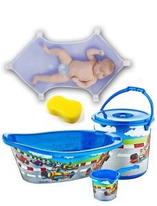 Mavi Yarış Arabalı 7 Parça Bebek Yıkama Banyo Küvet Seti Kova Maşrapa Küvet Filesi Köpürtme Süngeri
