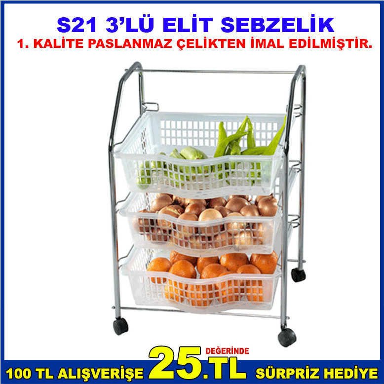 S21 3'LÜ ELİT SEBZELİK 1.SINIF PASLANMAZ ÇELİKTEN İMAL EDİLMİŞTİR
