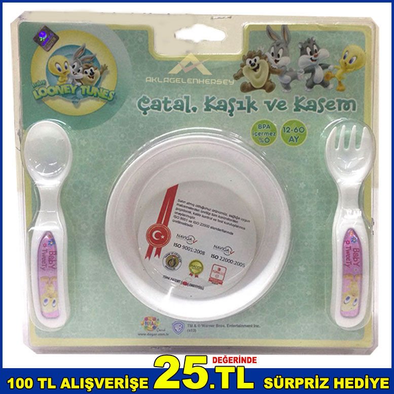 Tweety Orjinal Lisanslı Kase ve Çatal Kaşık Mama Seti Şık Tasarım Looney Tunes Çatal Kaşık ve Kasem