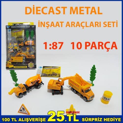 10 Parça Diecast  Metal İnşaat Araçları Seti