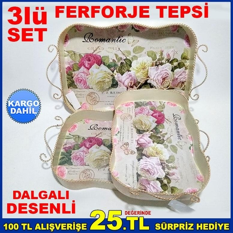 3lü ÇİÇEKLİ METAL NOSTALJİK FERFORJE TEPSİ K-959