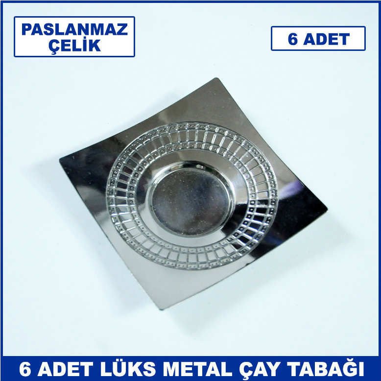 6 Adet Paslanmaz Çelik Kare Dizayn Lüks Çay Tabağı - 6'lı Metal Çay Tabağı