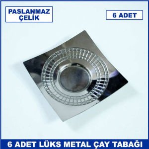 6 Adet Paslanmaz Çelik Kare Dizayn Lüks Çay Tabağı - 6'lı Metal Çay Tabağı