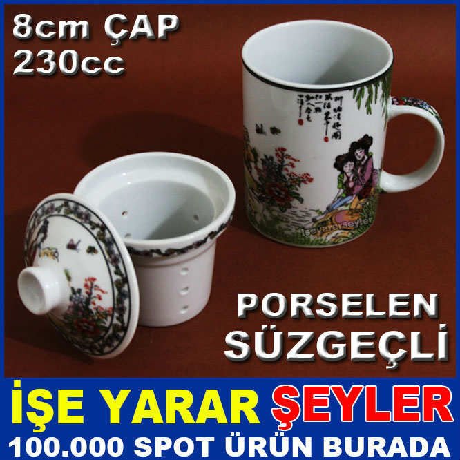 SÜZGEÇLİ ÇİN MOTİF PORSELEN BİTKİ ÇAYI KUPASI