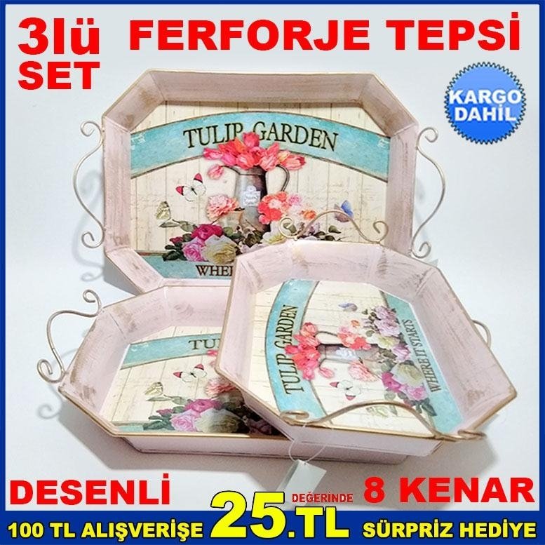 3lü ÇİÇEKLİ METAL NOSTALJİK FERFORJE TEPSİ K-972