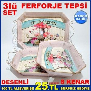 3lü ÇİÇEKLİ METAL NOSTALJİK FERFORJE TEPSİ K-972