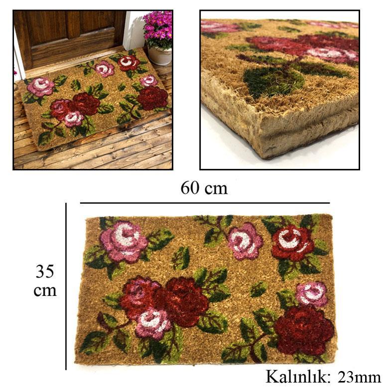 23mm Kalınlıkta Gül Desenli Sık Dokunmuş Koko Kıl Paspası 35x60cm Kapı Önü Paspası