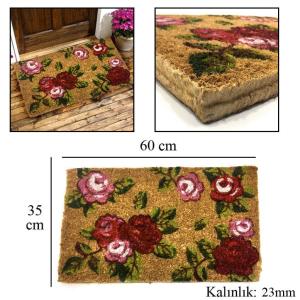 23mm Kalınlıkta Gül Desenli Sık Dokunmuş Koko Kıl Paspası 35x60cm Kapı Önü Paspası