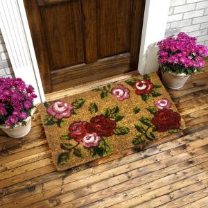 23mm Kalınlıkta Gül Desenli Sık Dokunmuş Koko Kıl Paspası 35x60cm Kapı Önü Paspası