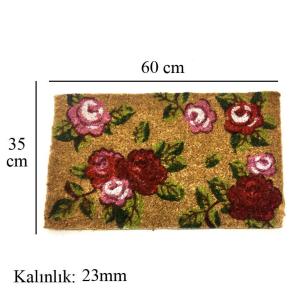 23mm Kalınlıkta Gül Desenli Sık Dokunmuş Koko Kıl Paspası 35x60cm Kapı Önü Paspası