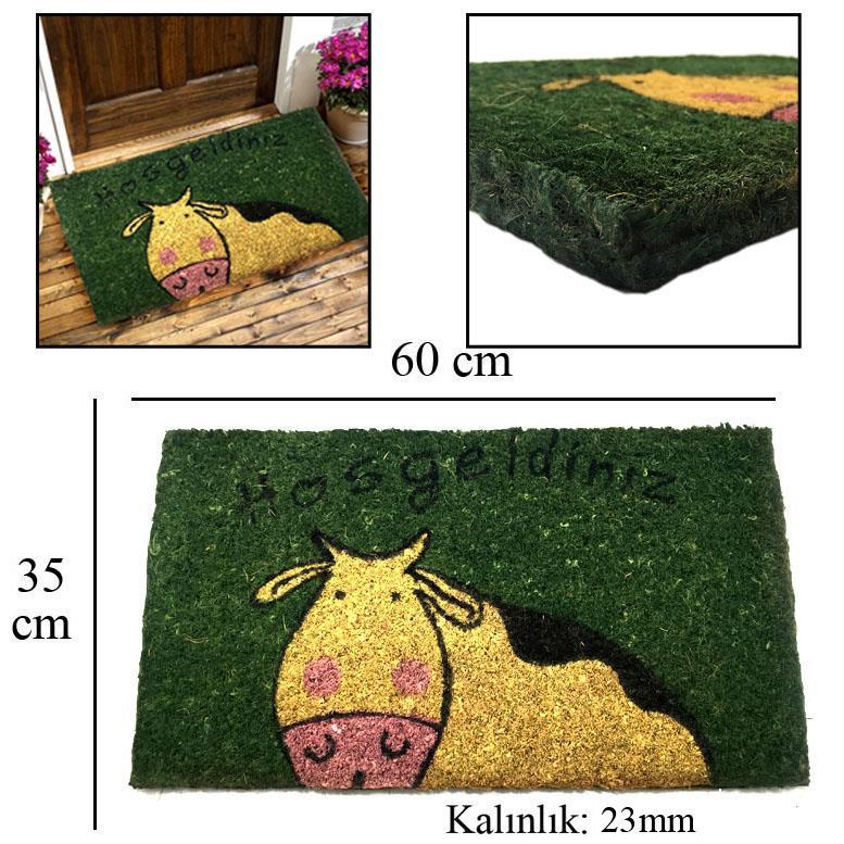 23mm Kalınlık İnek Desenli Sık Dokunmuş Koko Kıl Paspası 35x60cm Kapı Önü Paspası