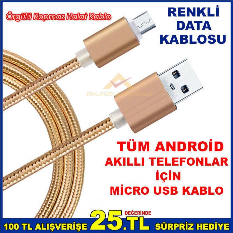 RENKLİ ÖRGÜLÜ MİCRO USB TELEFON ŞARJ KABLOSU-1