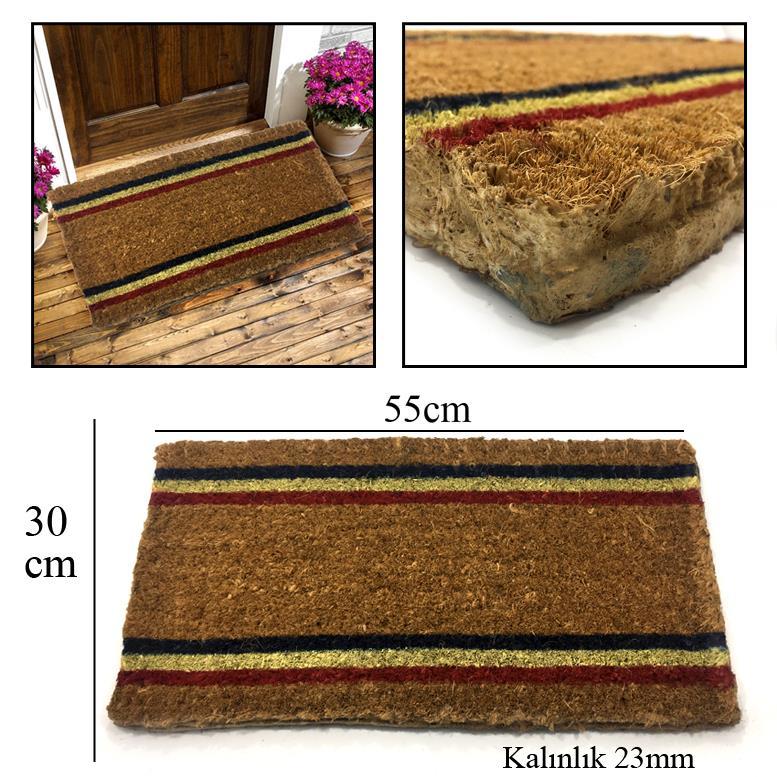 23mm Kalınlıkta Sık Dokunmuş Çizgili Koko Kıl Paspası 30x55 cm Kapı Önü Paspası