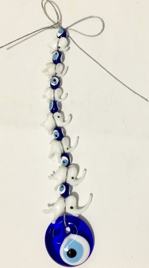 21x4 cm Gümüş Kaplama 7'li  Beyaz Camlı Fil Nazar Boncuklu Uğurlu Şık Duvar Süsü