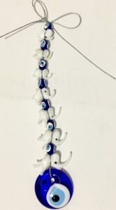 21x4 cm Gümüş Kaplama 7'li  Beyaz Camlı Fil Nazar Boncuklu Uğurlu Şık Duvar Süsü