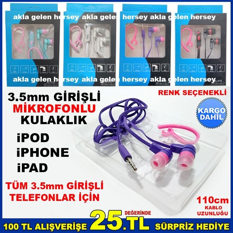 3.5mm GİRİŞLİ TÜM CEP TELEFONLARI İÇİN MİKROFONLU KULAKLIK