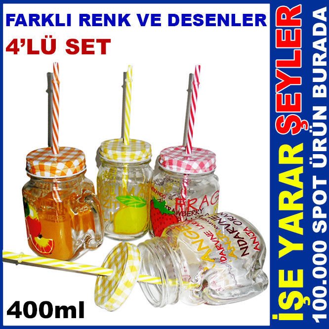 4'lü 400ml KULPLU ve PİPETLİ CAM KAVANOZ BARDAK