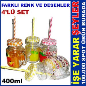 4'lü 400ml KULPLU ve PİPETLİ CAM KAVANOZ BARDAK