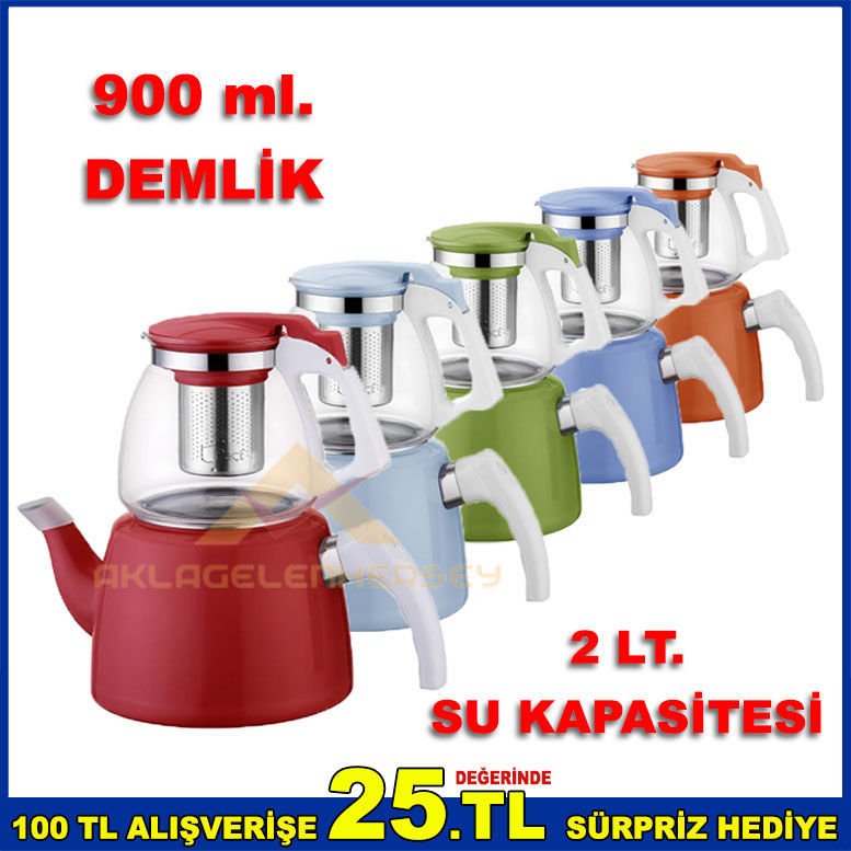 900ml. CAM DEMLİK 2 LT. ALT GÖVDE PASLANMAZ ÇELİK SÜZGEÇLİ ÇAYDANLIK