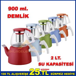 900ml. CAM DEMLİK 2 LT. ALT GÖVDE PASLANMAZ ÇELİK SÜZGEÇLİ ÇAYDANLIK