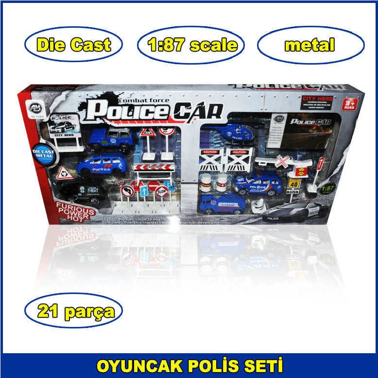 Die Cast Metal Polis Arabası Seti 1-87 scale 21 Parça 1. Kalite - Police Car