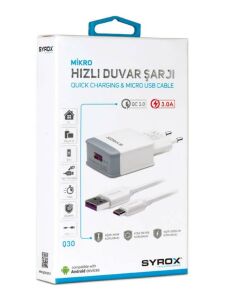 Syrox 3 Amper Micro Usb Hızlı Şarj Cihazı ve Data Kablosu Q30